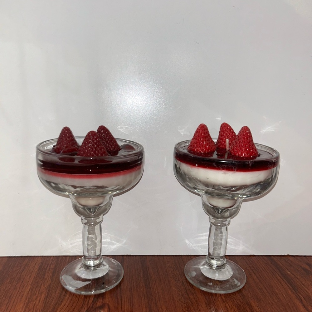 Glass Dessert Strawberry Shortcake Candle Pair with Red Strawberry Top